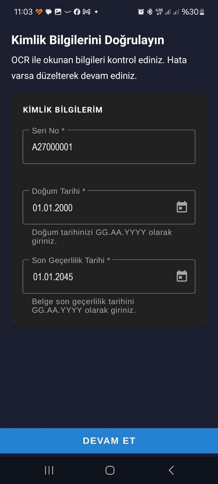 Otomatik doldurulan bilgilerin kontrolü